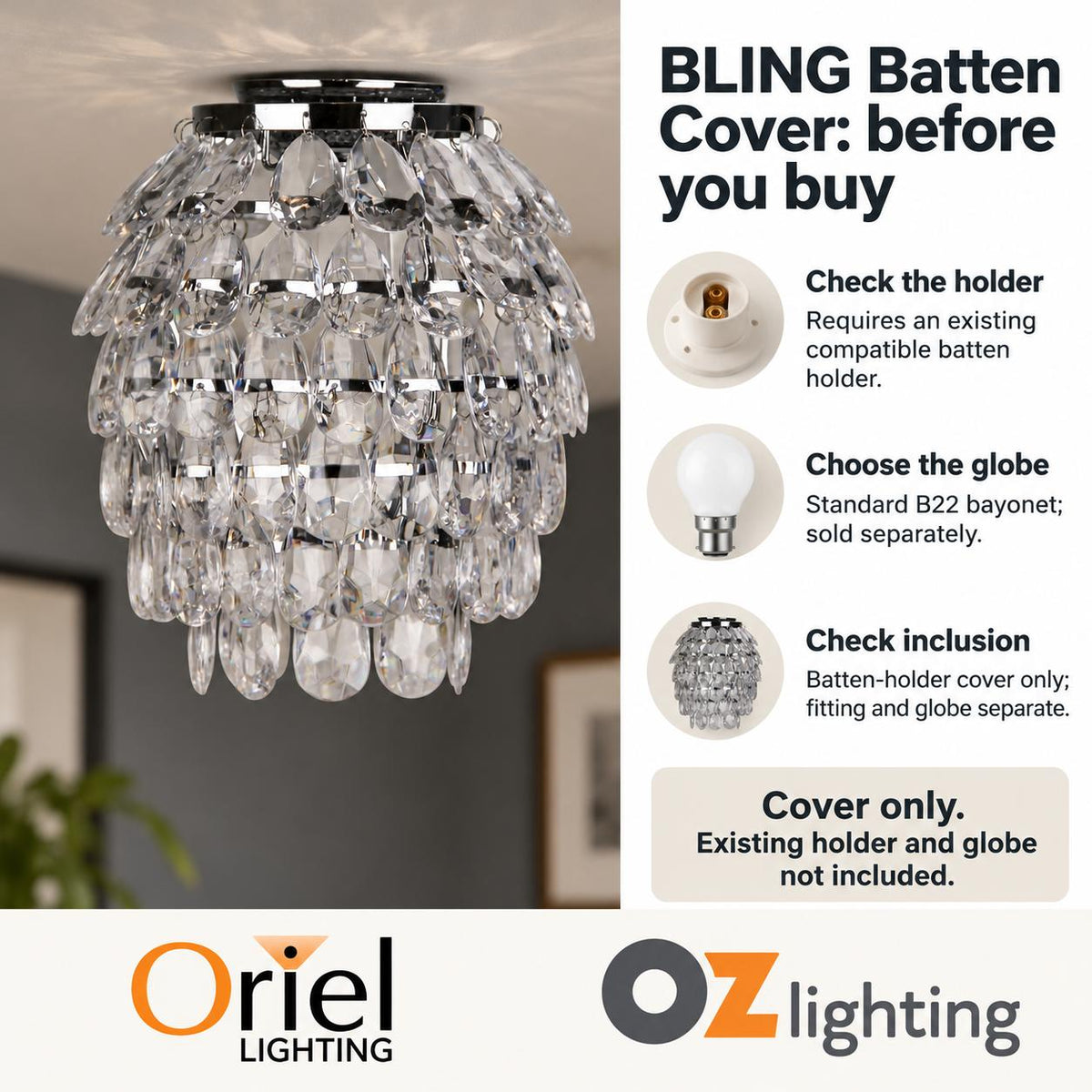 Oriel BLING DIY Batten Fix - Holder Cover Glass Faux Crystal Drop Ceiling Light Shade Only-Oriel Lighting-Ozlighting.com.au