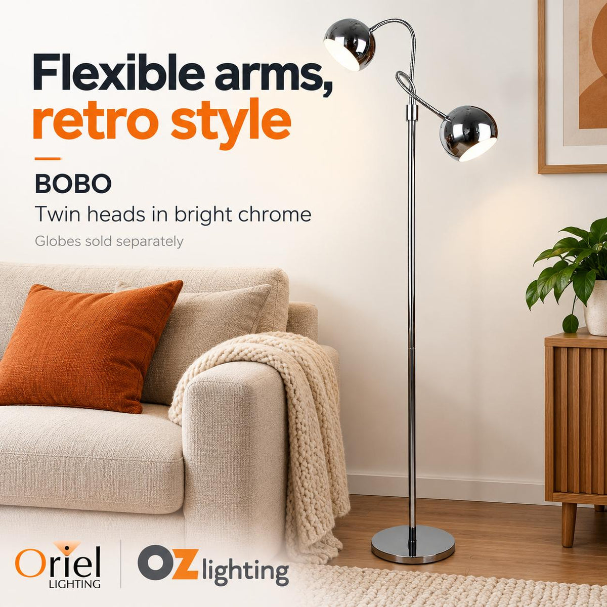 Oriel BOBO Floor Lamp - Twin Flexible Neck, Chrome-Oriel Lighting-Ozlighting.com.au