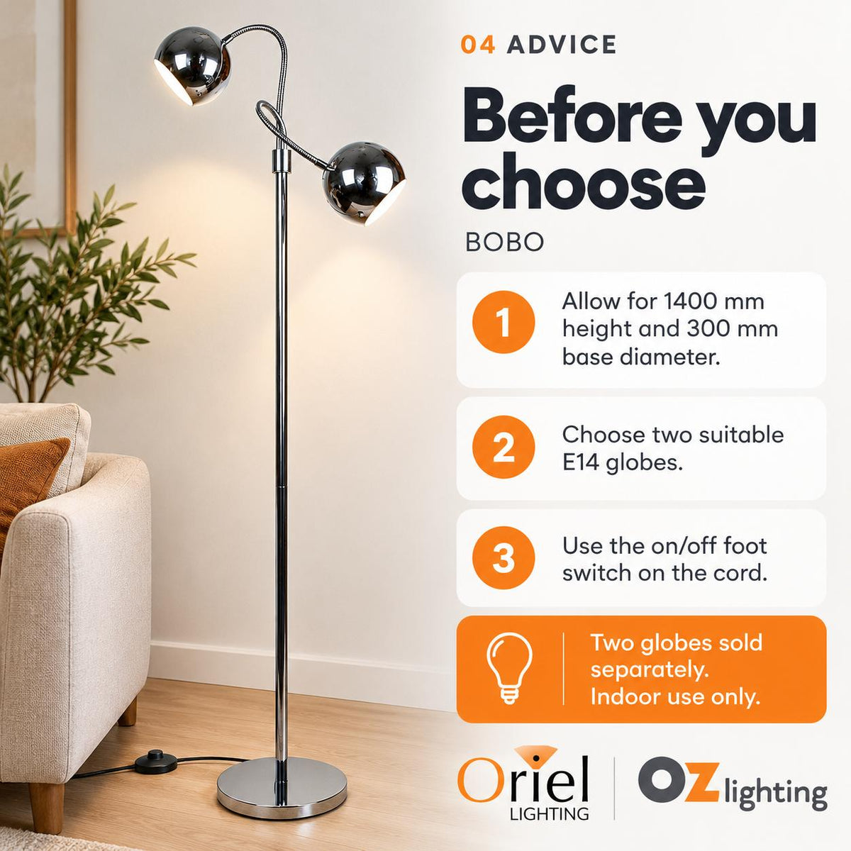 Oriel BOBO Floor Lamp - Twin Flexible Neck, Chrome-Oriel Lighting-Ozlighting.com.au
