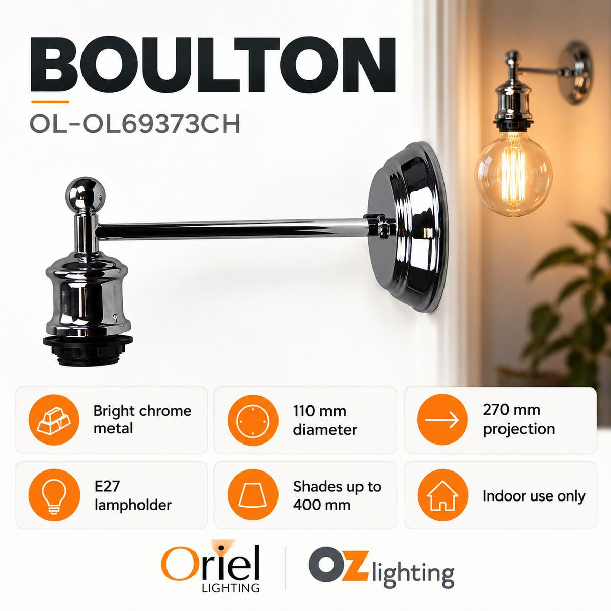 Oriel BOULTON Wall Light - Vintage Metal, Light Chrome-Oriel Lighting-Ozlighting.com.au