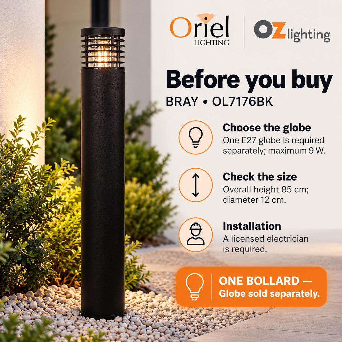 Oriel BRAY Bollard Light - 9W-Oriel Lighting-Ozlighting.com.au