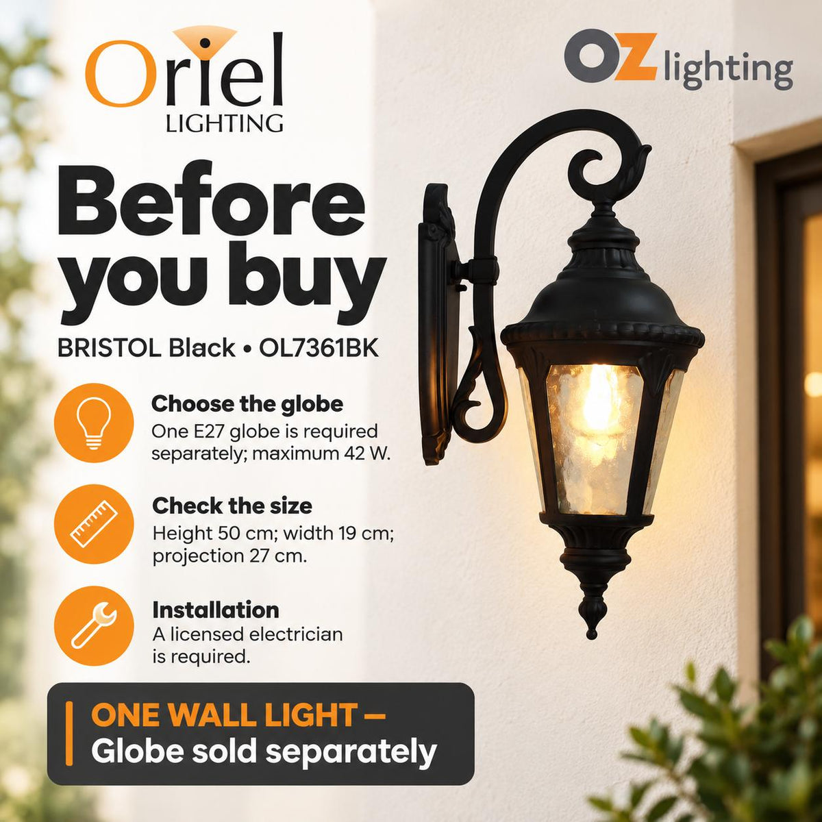 Oriel BRISTOL Outdoor Wall Light - 1 Light Downward Traditional, IP44-Oriel Lighting-Ozlighting.com.au