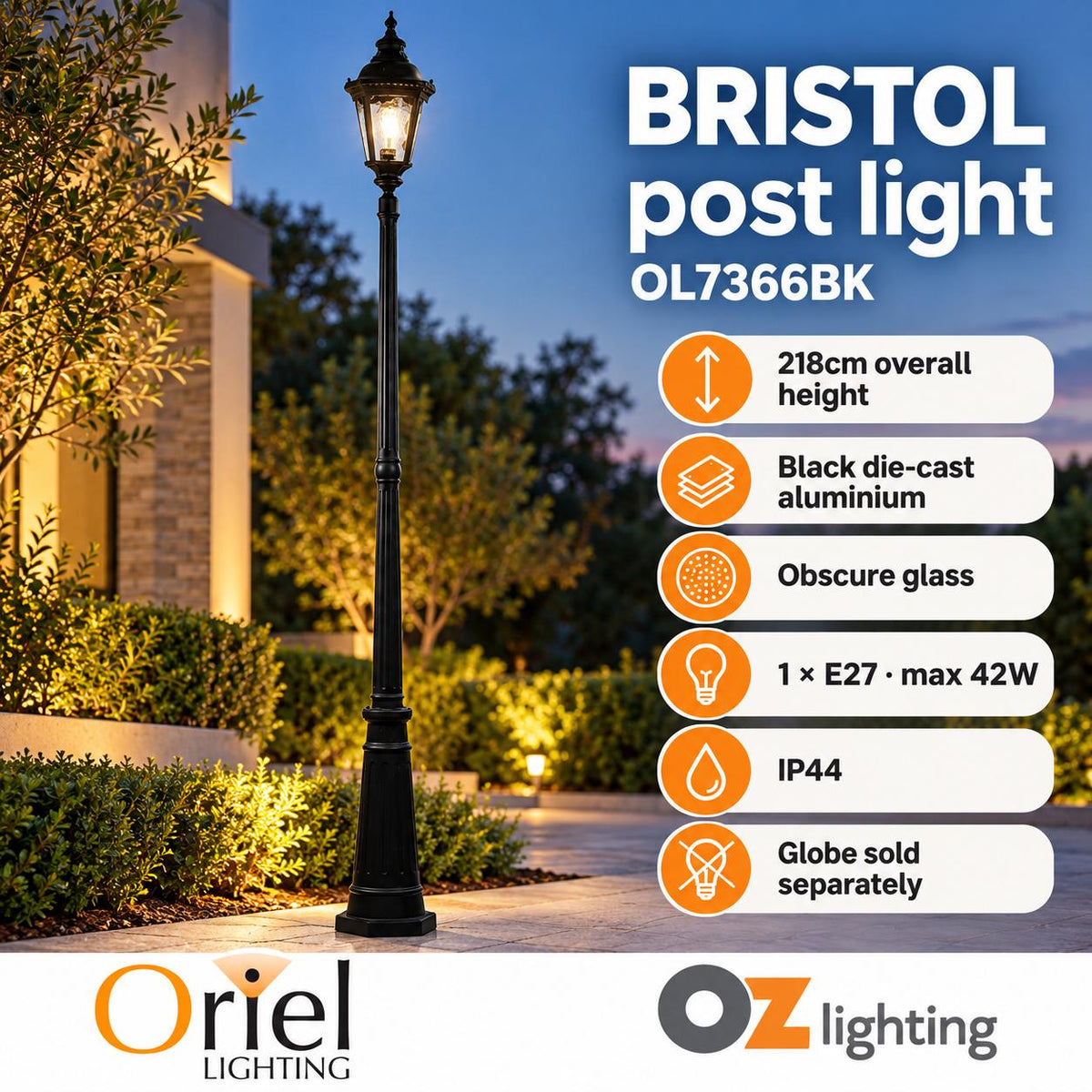Oriel BRISTOL Post Light - Single Head Tall Traditional, IP44-Oriel Lighting-Ozlighting.com.au