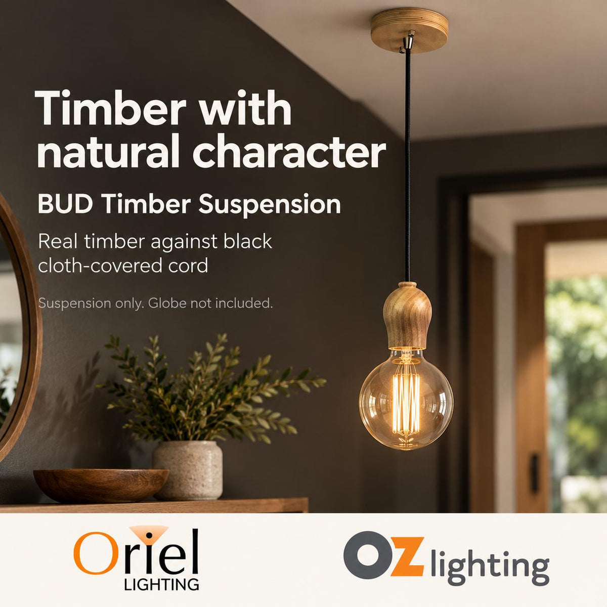 Oriel BUD Pendant - 1 Light Suspension Timber and Cloth Cord Suspension Cable-Oriel Lighting-Ozlighting.com.au