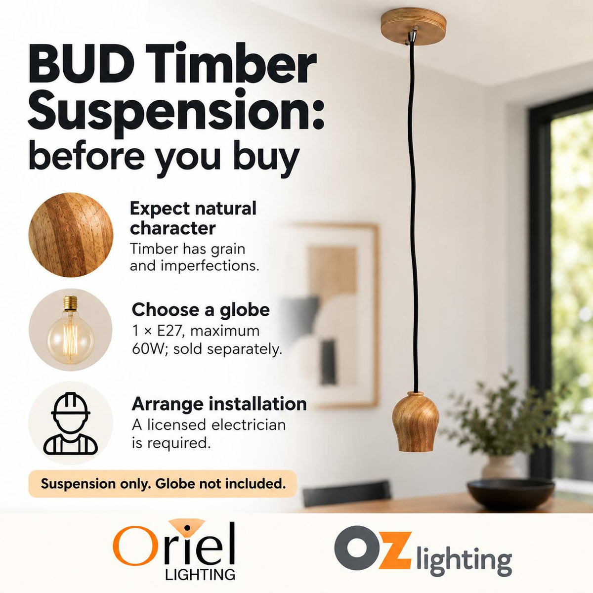 Oriel BUD Pendant - 1 Light Suspension Timber and Cloth Cord Suspension Cable-Oriel Lighting-Ozlighting.com.au