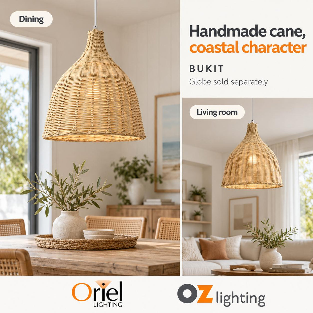 Oriel BUKIT Pendant - 1 Light Cane-Oriel Lighting-Ozlighting.com.au
