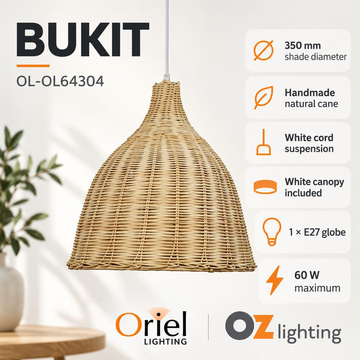 Oriel BUKIT Pendant - 1 Light Cane-Oriel Lighting-Ozlighting.com.au