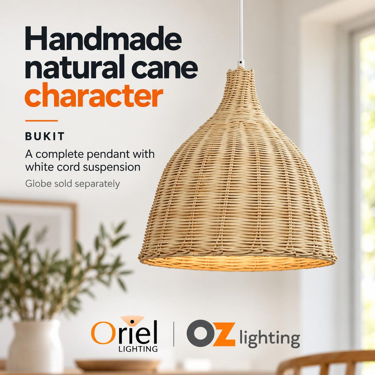 Oriel BUKIT Pendant - 1 Light Cane-Oriel Lighting-Ozlighting.com.au