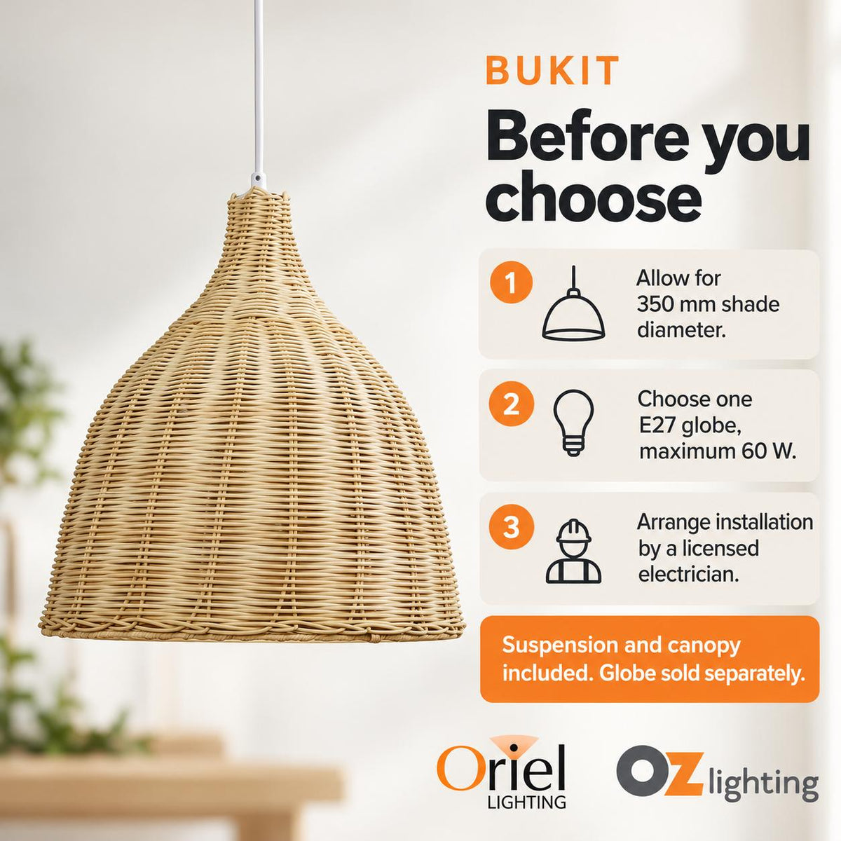 Oriel BUKIT Pendant - 1 Light Cane-Oriel Lighting-Ozlighting.com.au