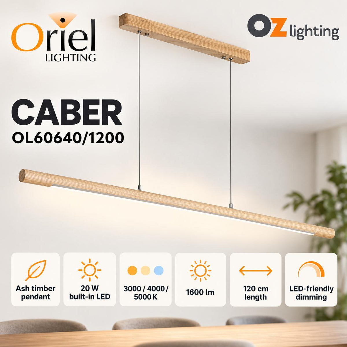 Oriel CABER LED Pendant - 1 Light Timber Linear-Oriel Lighting-Ozlighting.com.au