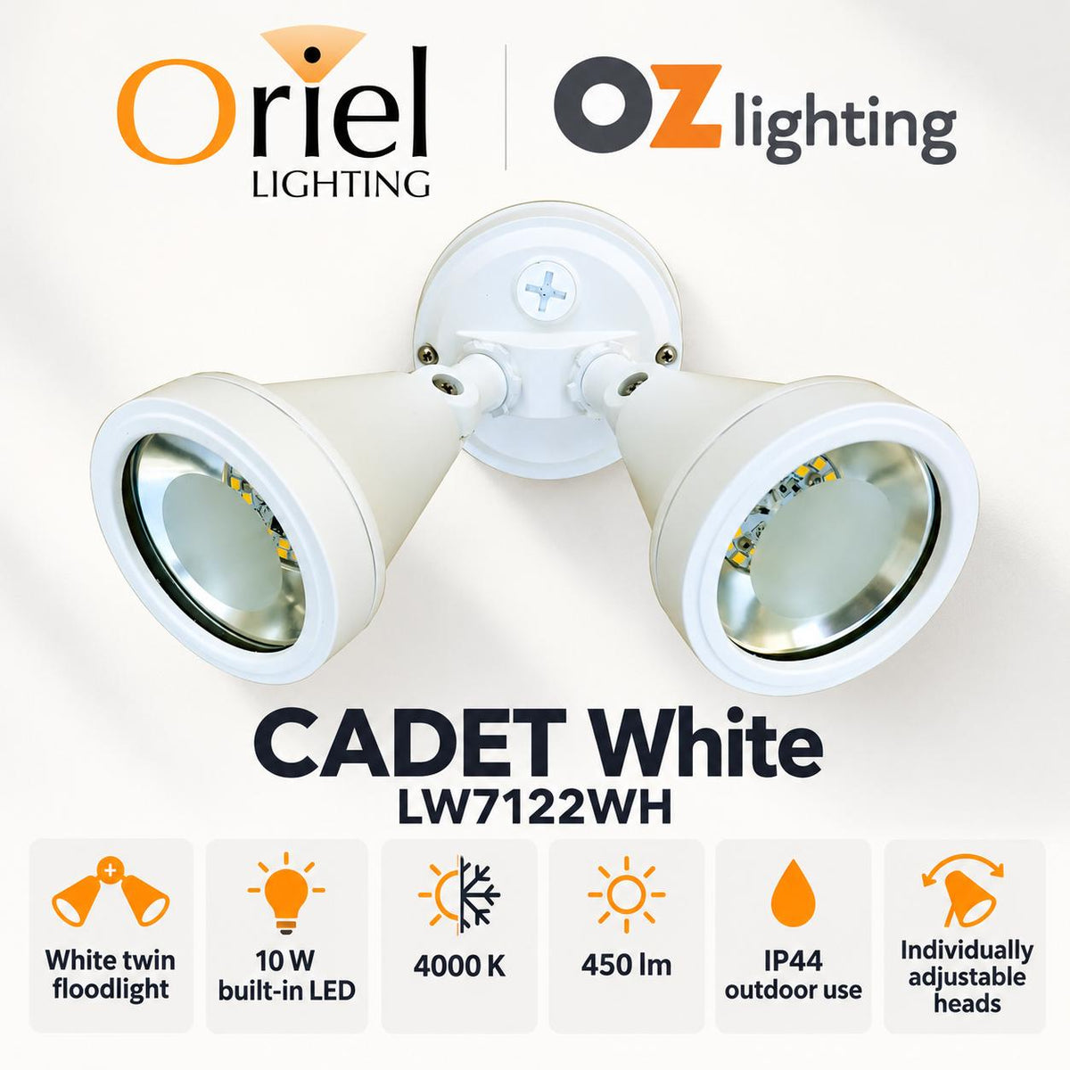 Oriel CADET Outdoor LED Floodlight - 10W, Twin, IP44-Oriel Lighting-Ozlighting.com.au