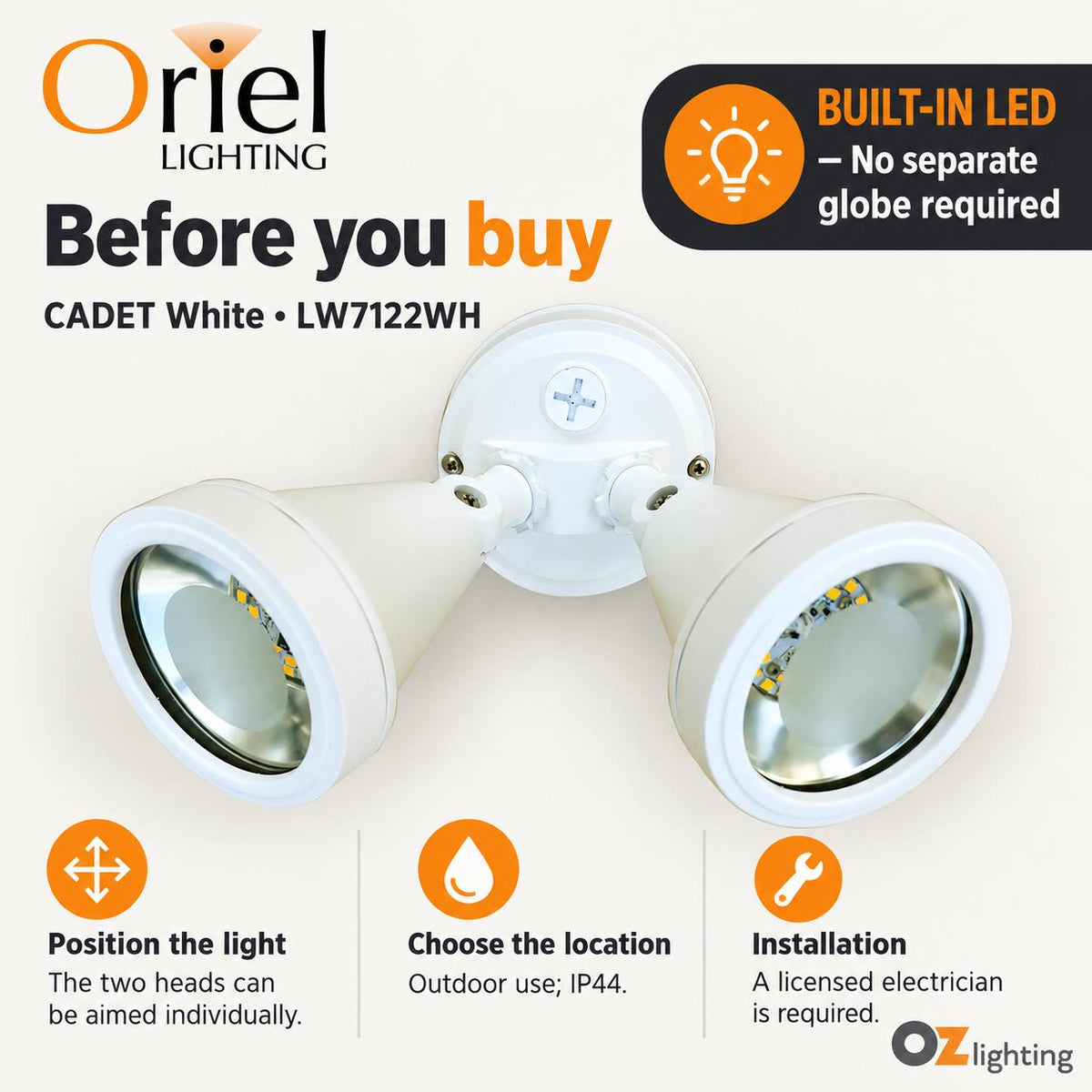 Oriel CADET Outdoor LED Floodlight - 10W, Twin, IP44-Oriel Lighting-Ozlighting.com.au