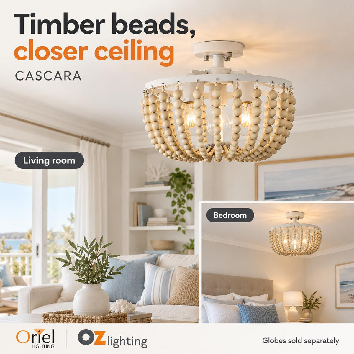 Oriel CASCARA Ceiling Light - 3 Light Wooden Beaded-Oriel Lighting-Ozlighting.com.au
