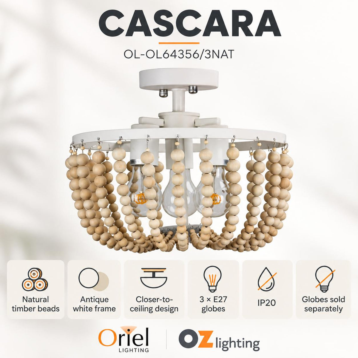Oriel CASCARA Ceiling Light - 3 Light Wooden Beaded-Oriel Lighting-Ozlighting.com.au