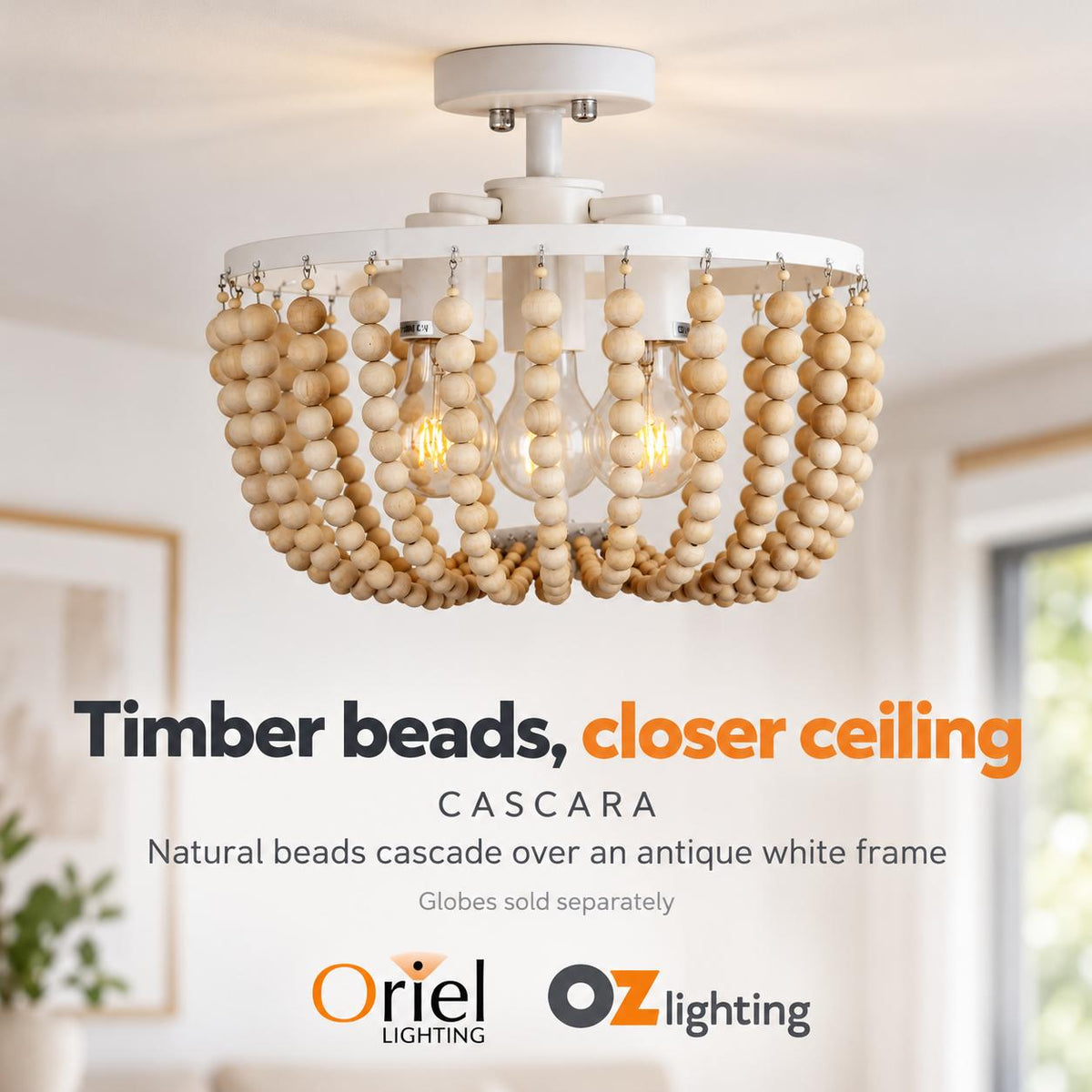 Oriel CASCARA Ceiling Light - 3 Light Wooden Beaded-Oriel Lighting-Ozlighting.com.au