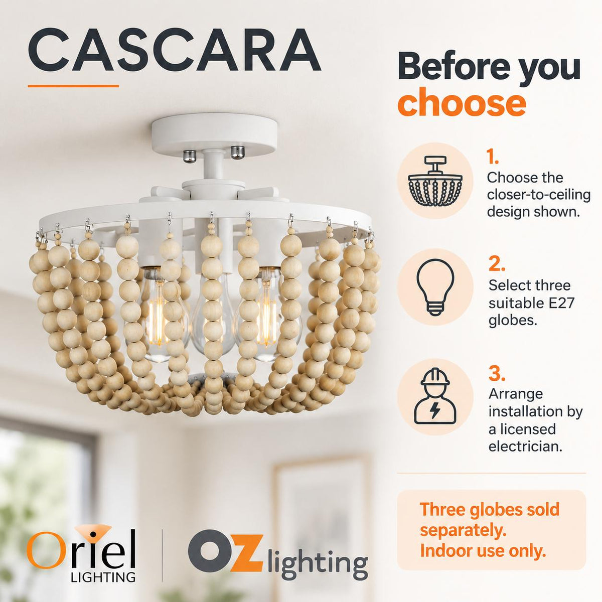 Oriel CASCARA Ceiling Light - 3 Light Wooden Beaded-Oriel Lighting-Ozlighting.com.au