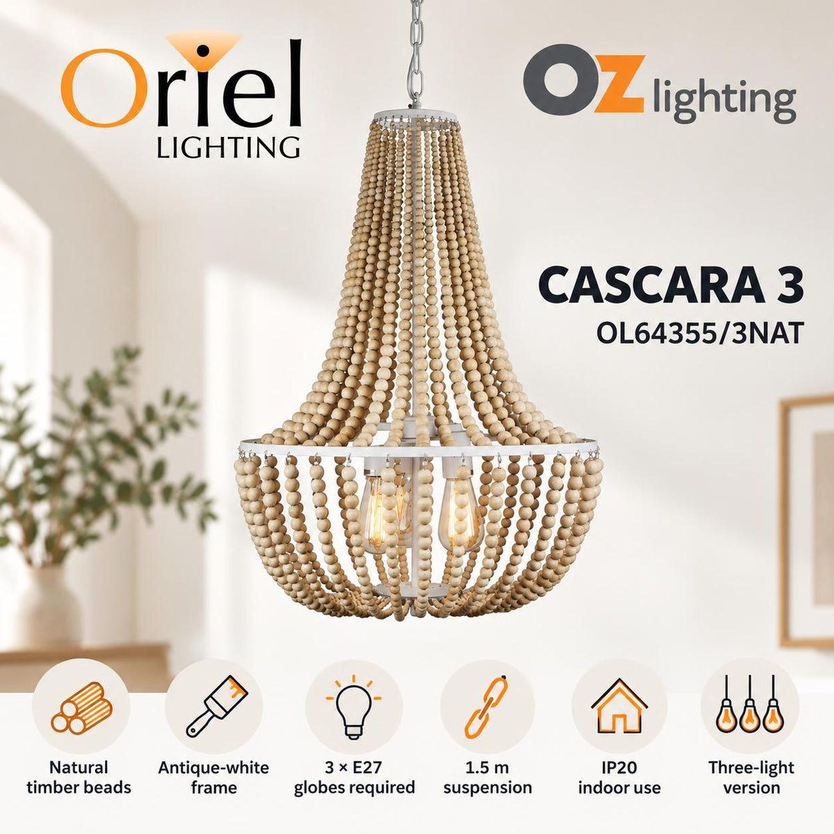Oriel CASCARA Pendant - 1/3 Light Wooden Beaded-Oriel Lighting-Ozlighting.com.au