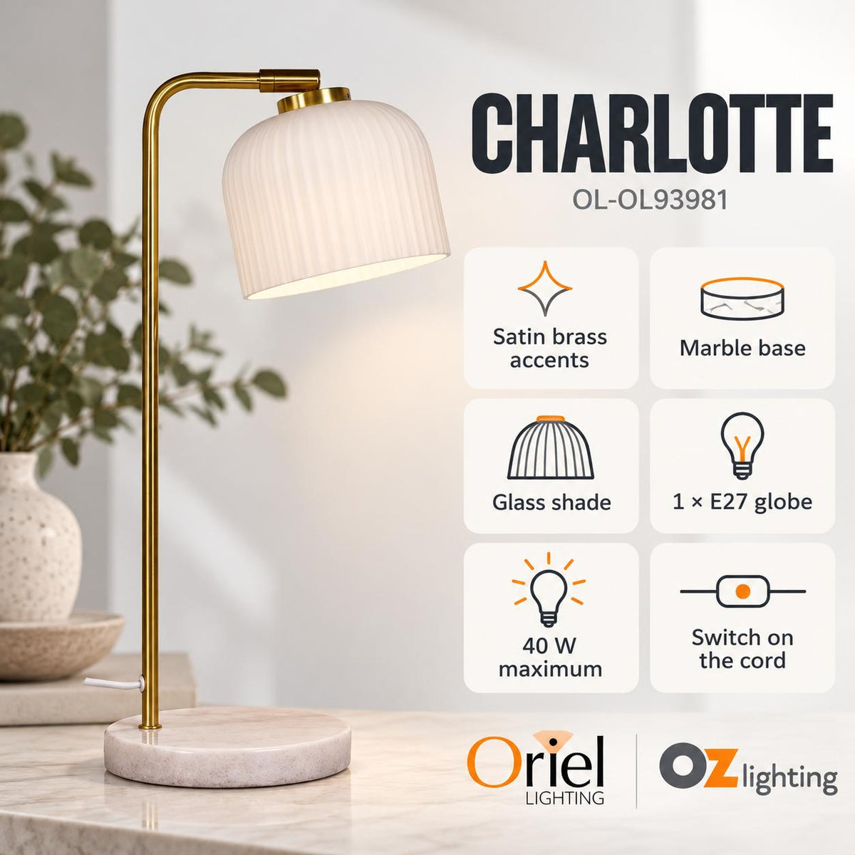 Oriel CHARLOTTE Task Lamp - Glass Decorative-Oriel Lighting-Ozlighting.com.au