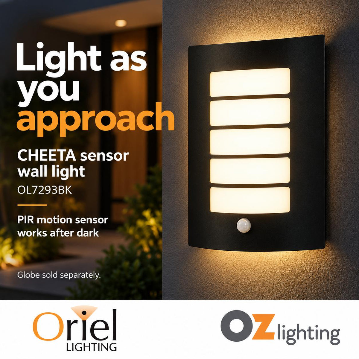 Oriel CHEETA Outdoor Wall Light - with Sensor IP44-Oriel Lighting-Ozlighting.com.au