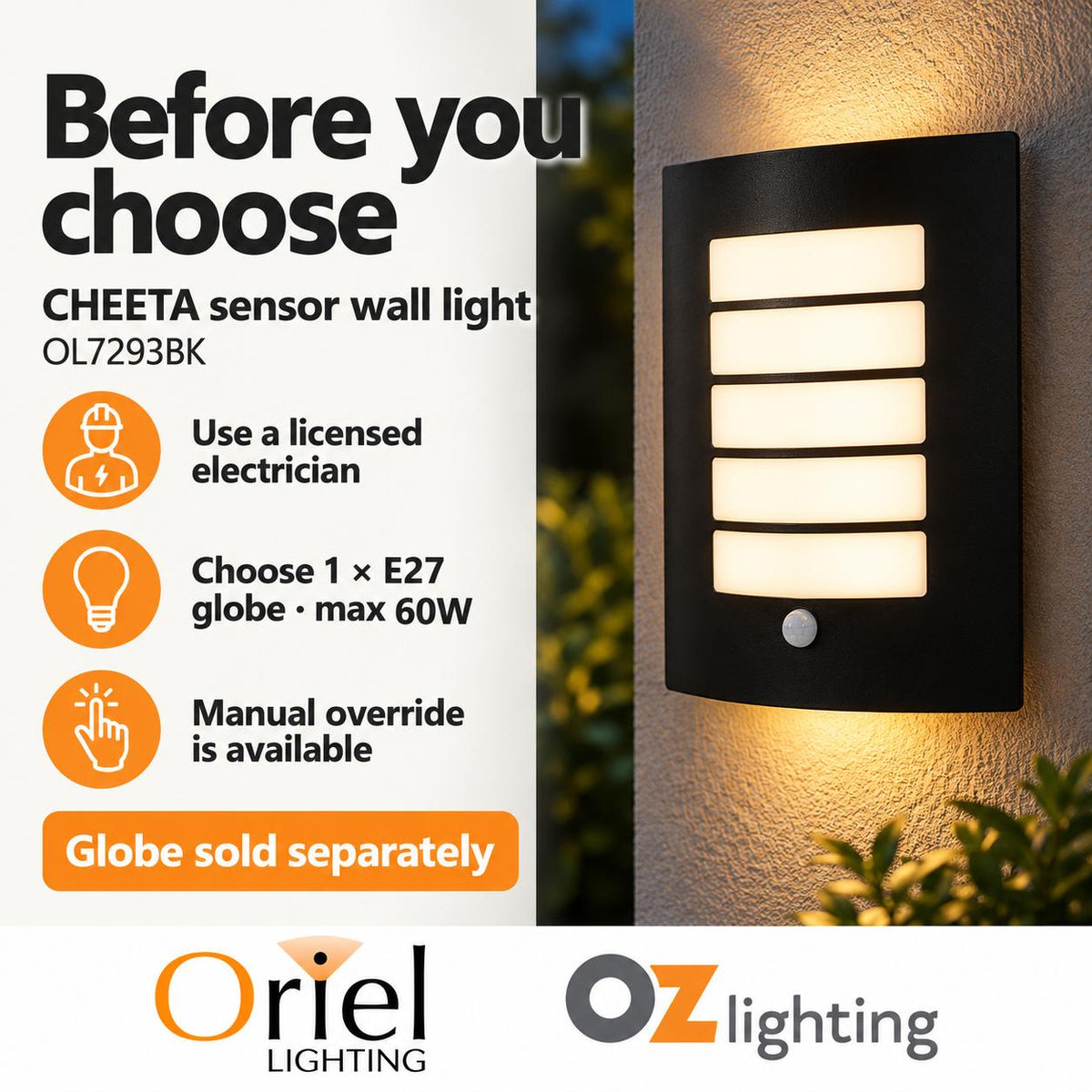 Oriel CHEETA Outdoor Wall Light - with Sensor IP44-Oriel Lighting-Ozlighting.com.au