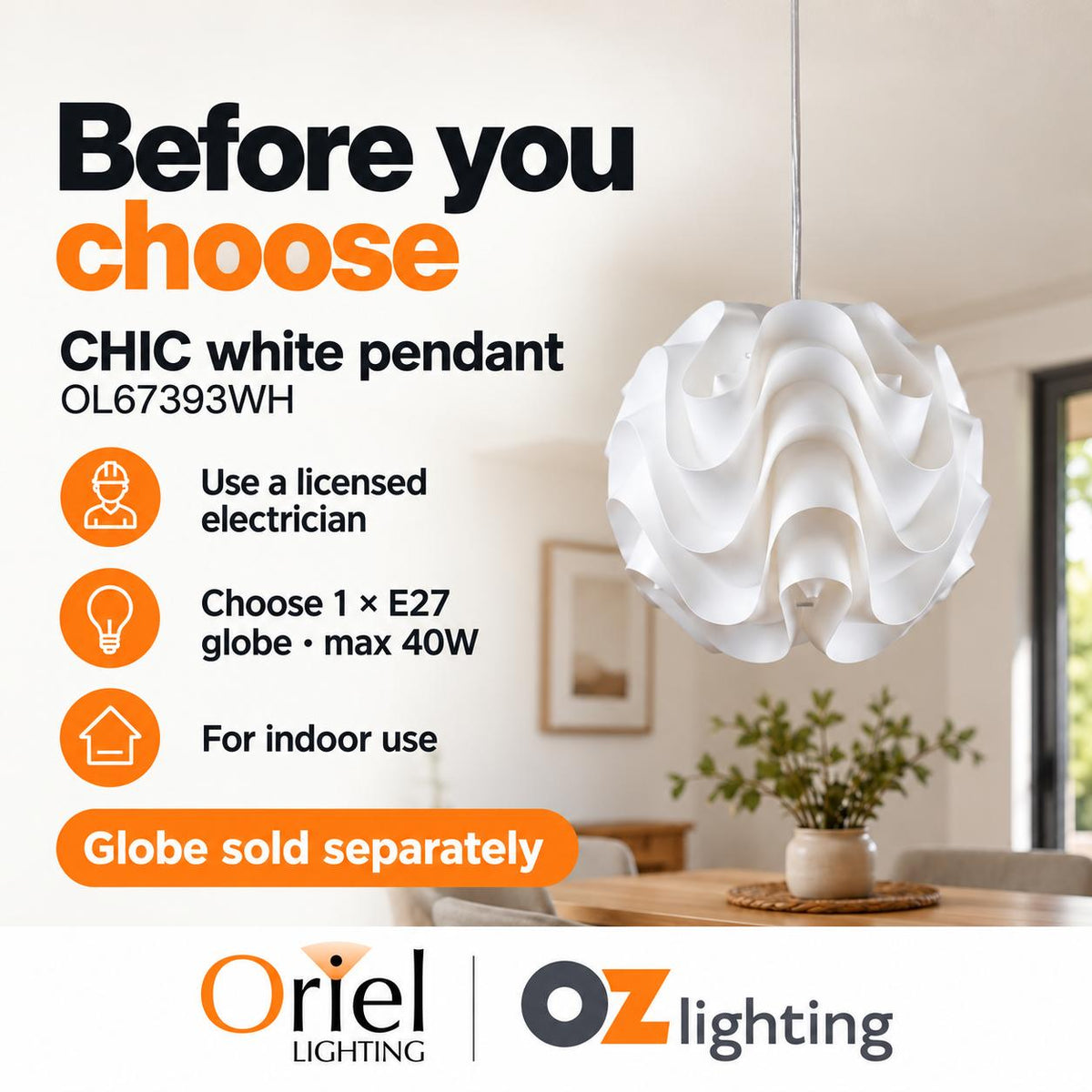 Oriel CHIC Pendant - 1 Light Acrylic Retro-Oriel Lighting-Ozlighting.com.au