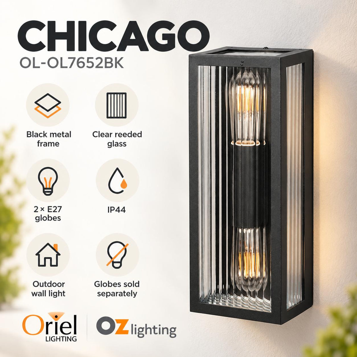 Oriel CHICAGO Outdoor Wall Light - Reeded Glass-Oriel Lighting-Ozlighting.com.au