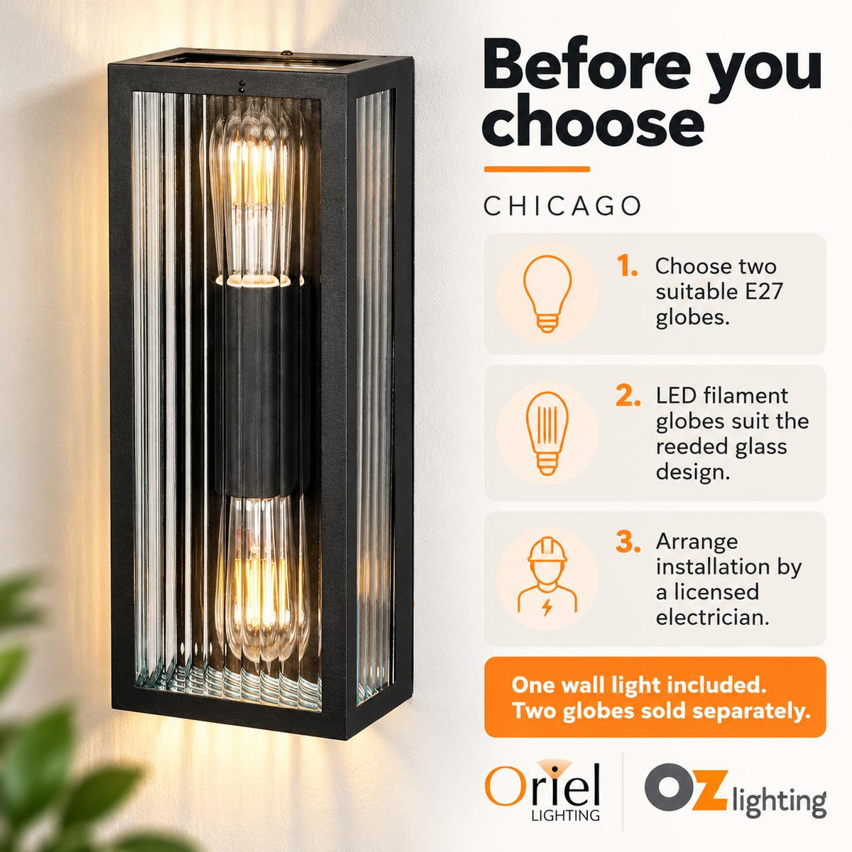 Oriel CHICAGO Outdoor Wall Light - Reeded Glass-Oriel Lighting-Ozlighting.com.au