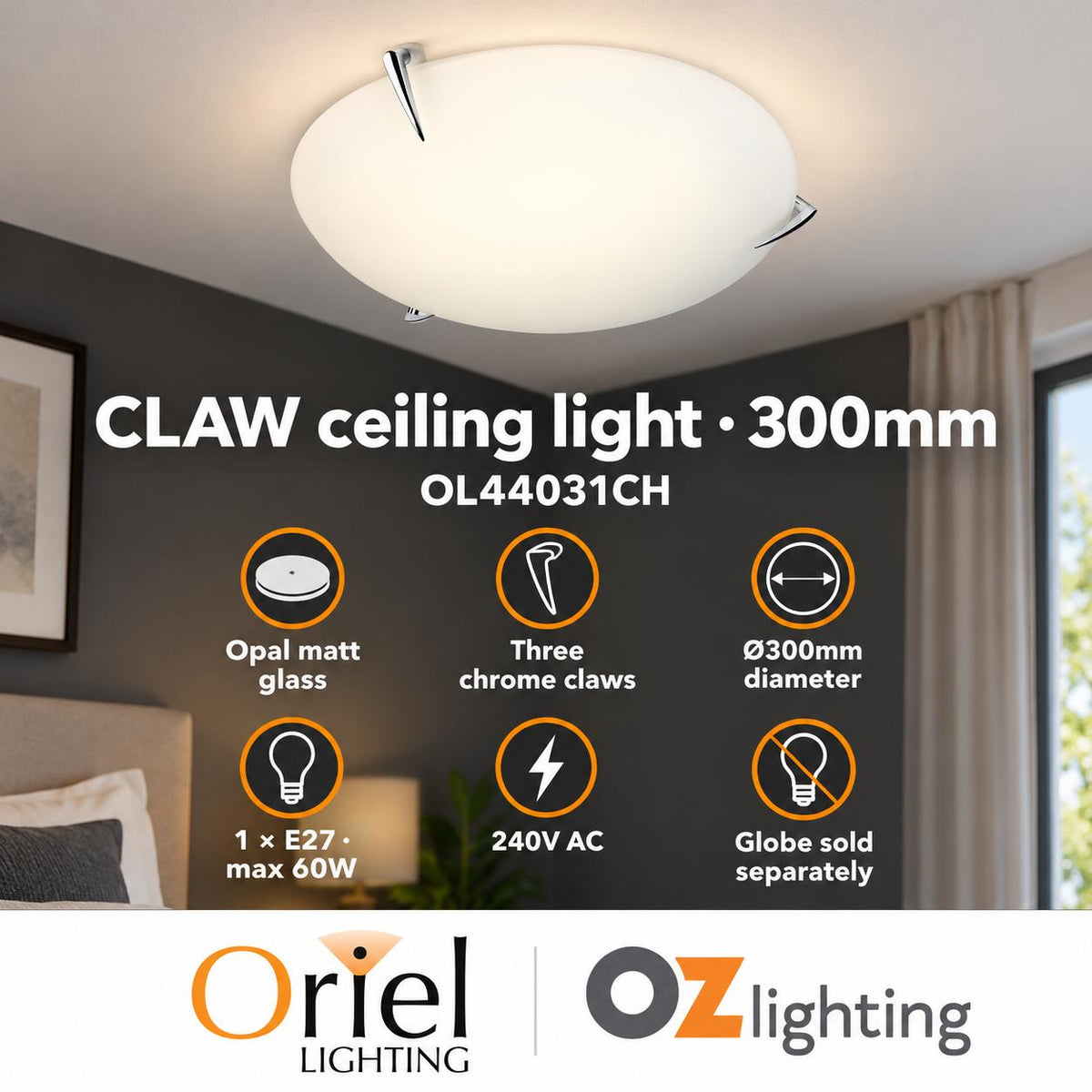 Oriel CLAW Oyster Ceiling Light - 1/2 Light-Oriel Lighting-Ozlighting.com.au
