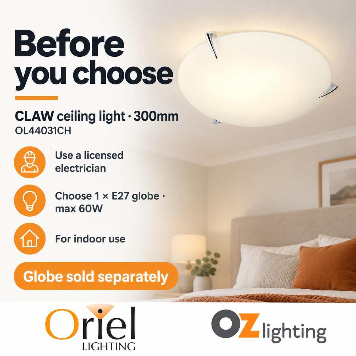 Oriel CLAW Oyster Ceiling Light - 1/2 Light-Oriel Lighting-Ozlighting.com.au