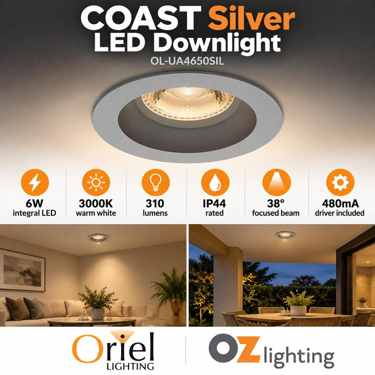 Oriel COAST LED Downlight - 6W, Single Colour Deep Face, 3000K, Silver-Oriel Lighting-Ozlighting.com.au