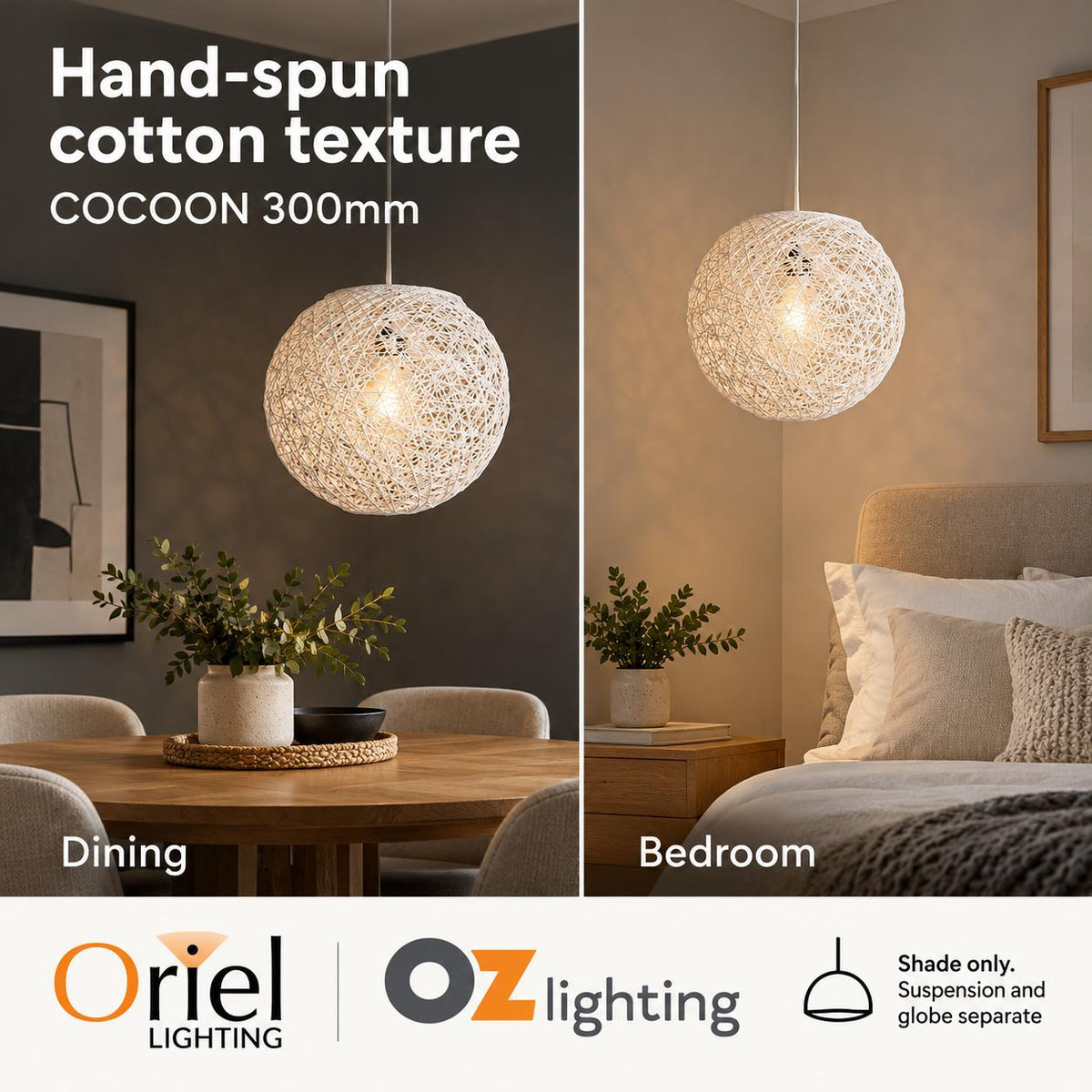 Oriel COCOON Pendant Shade - 1 Light Spun Cotton, IP20-Oriel Lighting-Ozlighting.com.au