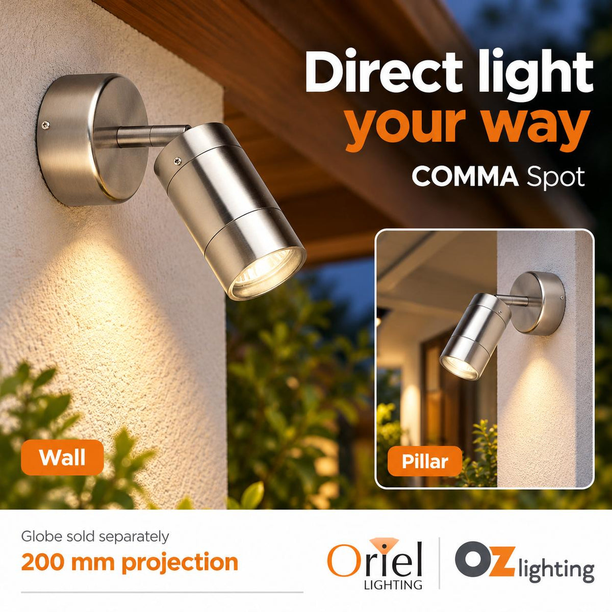 Oriel COMMA Outdoor Spotlight - 1 Light Adjustable Brushed Chrome, IP44-Oriel Lighting-Ozlighting.com.au