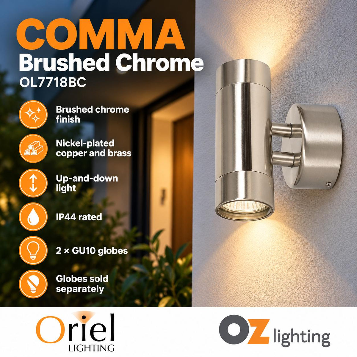 Oriel COMMA Outdoor Wall Light - 2 Light Up-Down Brushed Chrome, IP44-Oriel Lighting-Ozlighting.com.au