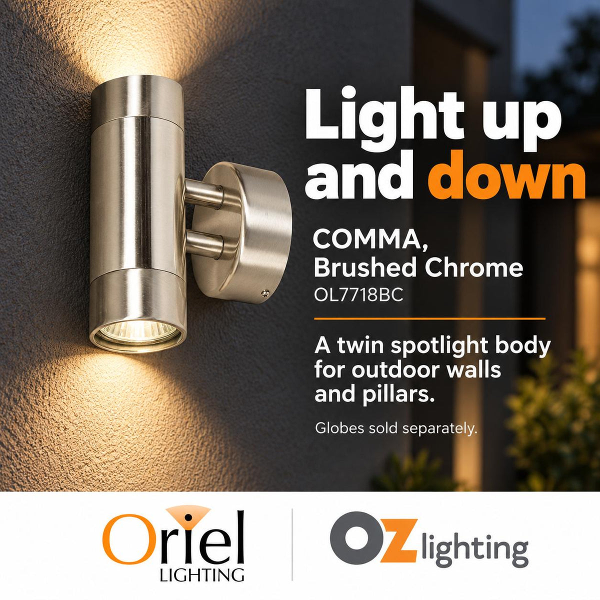 Oriel COMMA Outdoor Wall Light - 2 Light Up-Down Brushed Chrome, IP44-Oriel Lighting-Ozlighting.com.au