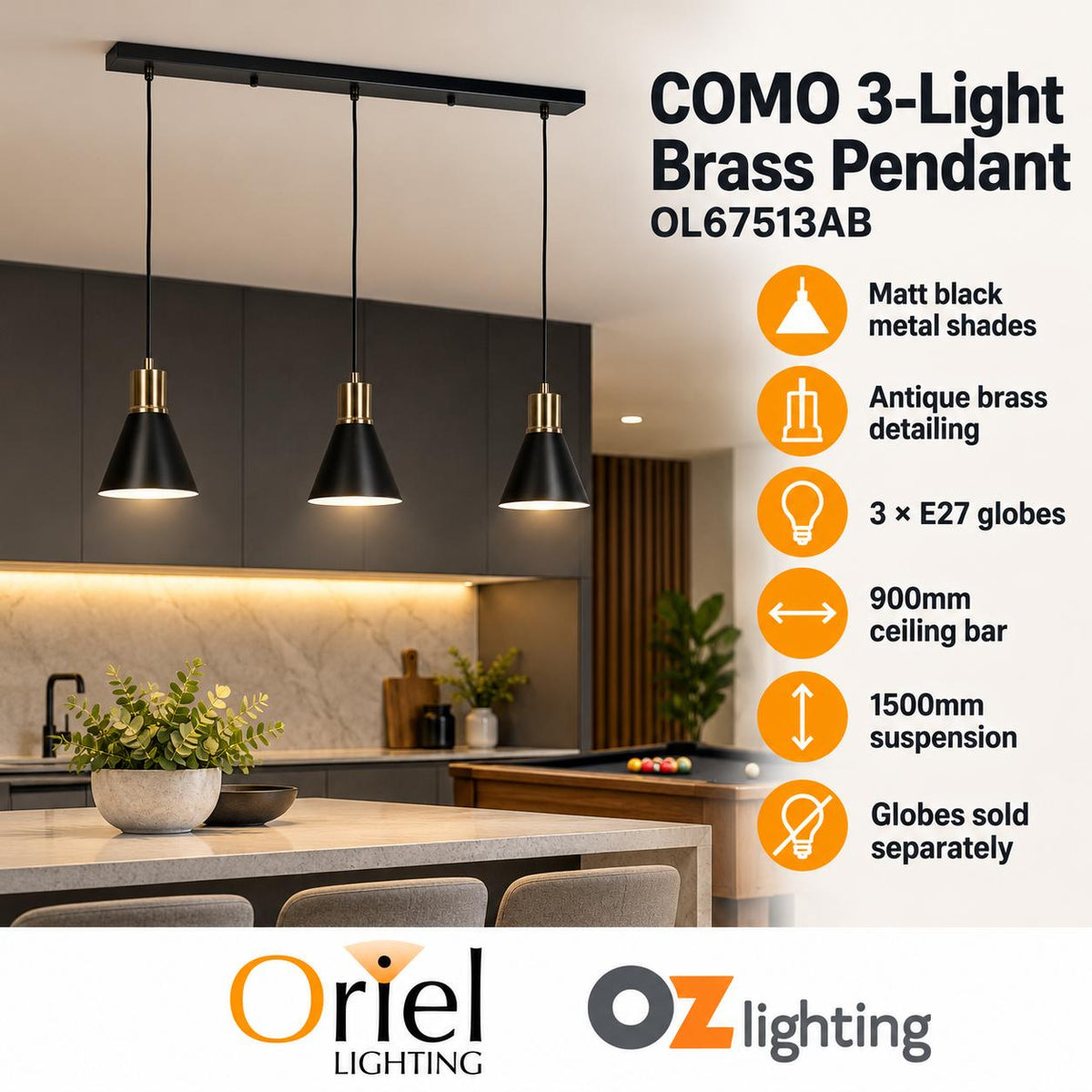 Oriel COMO Pendant - 3 Light Bar-Oriel Lighting-Ozlighting.com.au