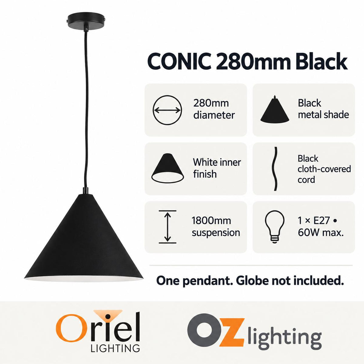 Oriel CONIC Pendant - 1 Light Stylish Conical-Oriel Lighting-Ozlighting.com.au