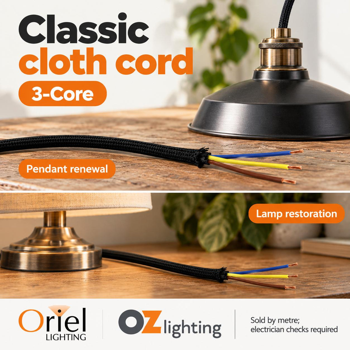 Oriel Cable - 2/3 Core, Cloth-Oriel Lighting-Ozlighting.com.au