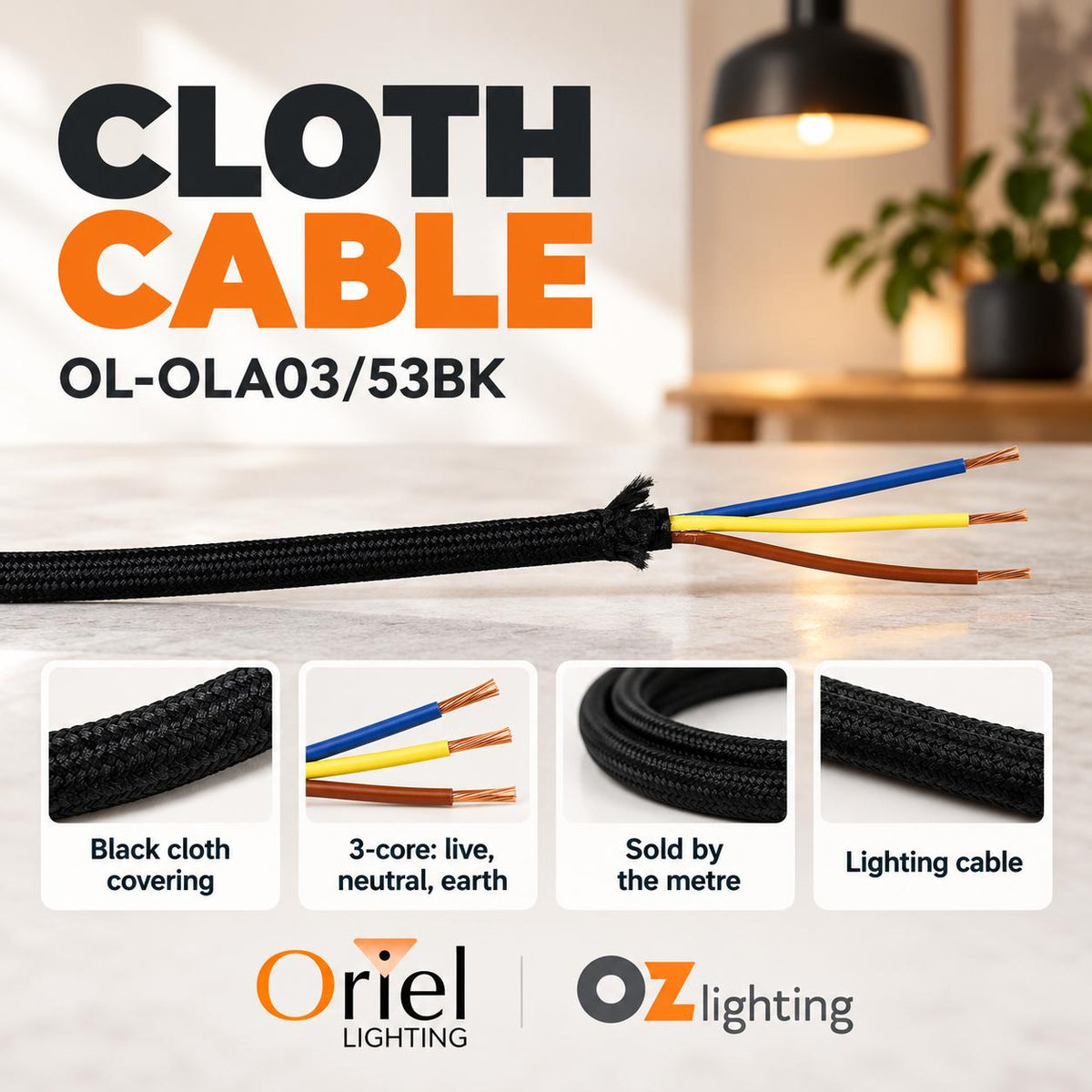 Oriel Cable - 2/3 Core, Cloth-Oriel Lighting-Ozlighting.com.au