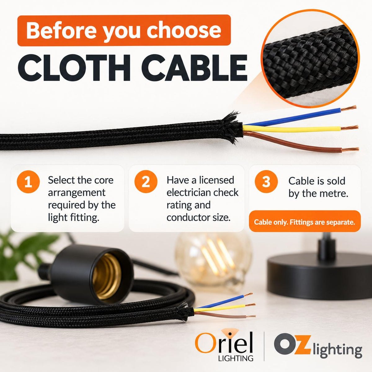 Oriel Cable - 2/3 Core, Cloth-Oriel Lighting-Ozlighting.com.au