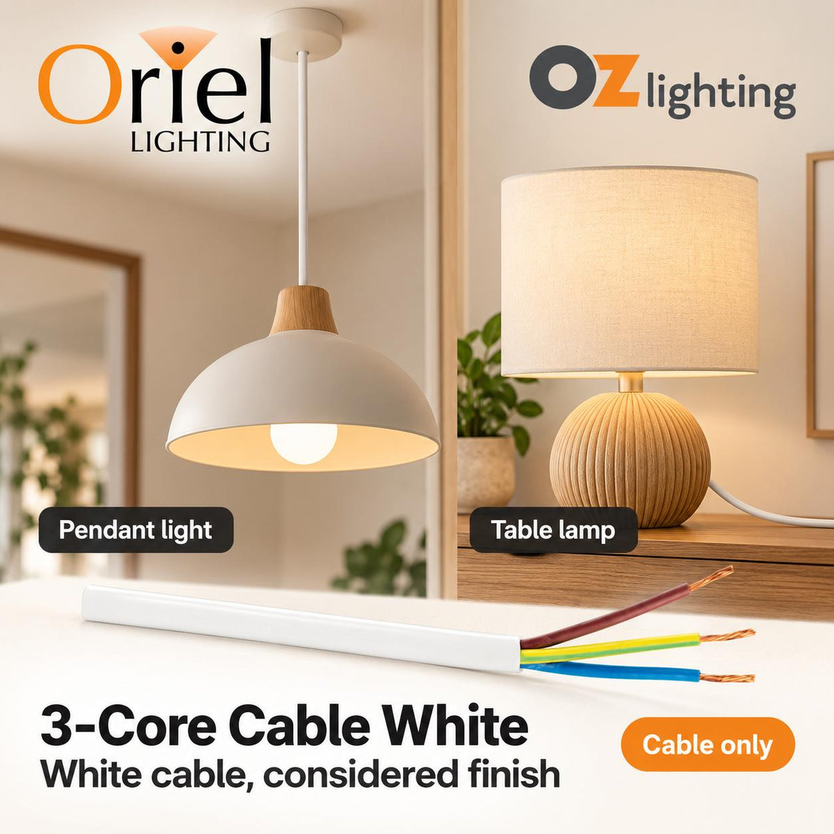 Oriel Cable - 3 Core PVC, White-Oriel Lighting-Ozlighting.com.au