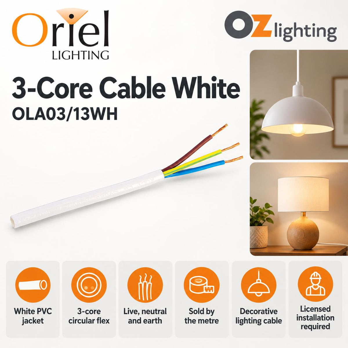 Oriel Cable - 3 Core PVC, White-Oriel Lighting-Ozlighting.com.au