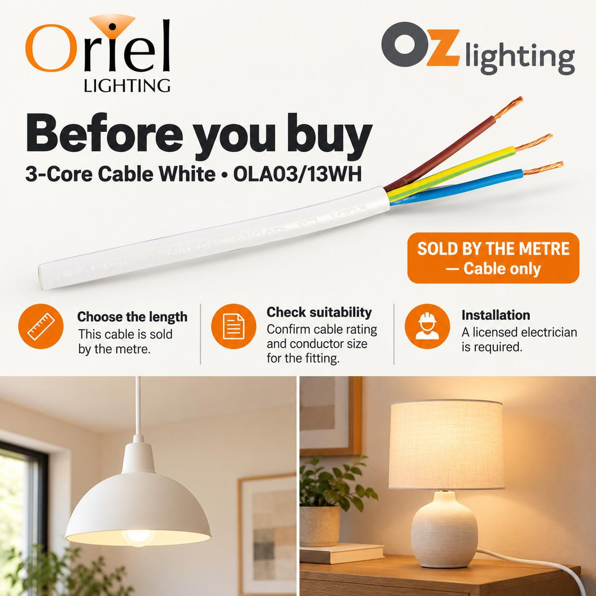 Oriel Cable - 3 Core PVC, White-Oriel Lighting-Ozlighting.com.au