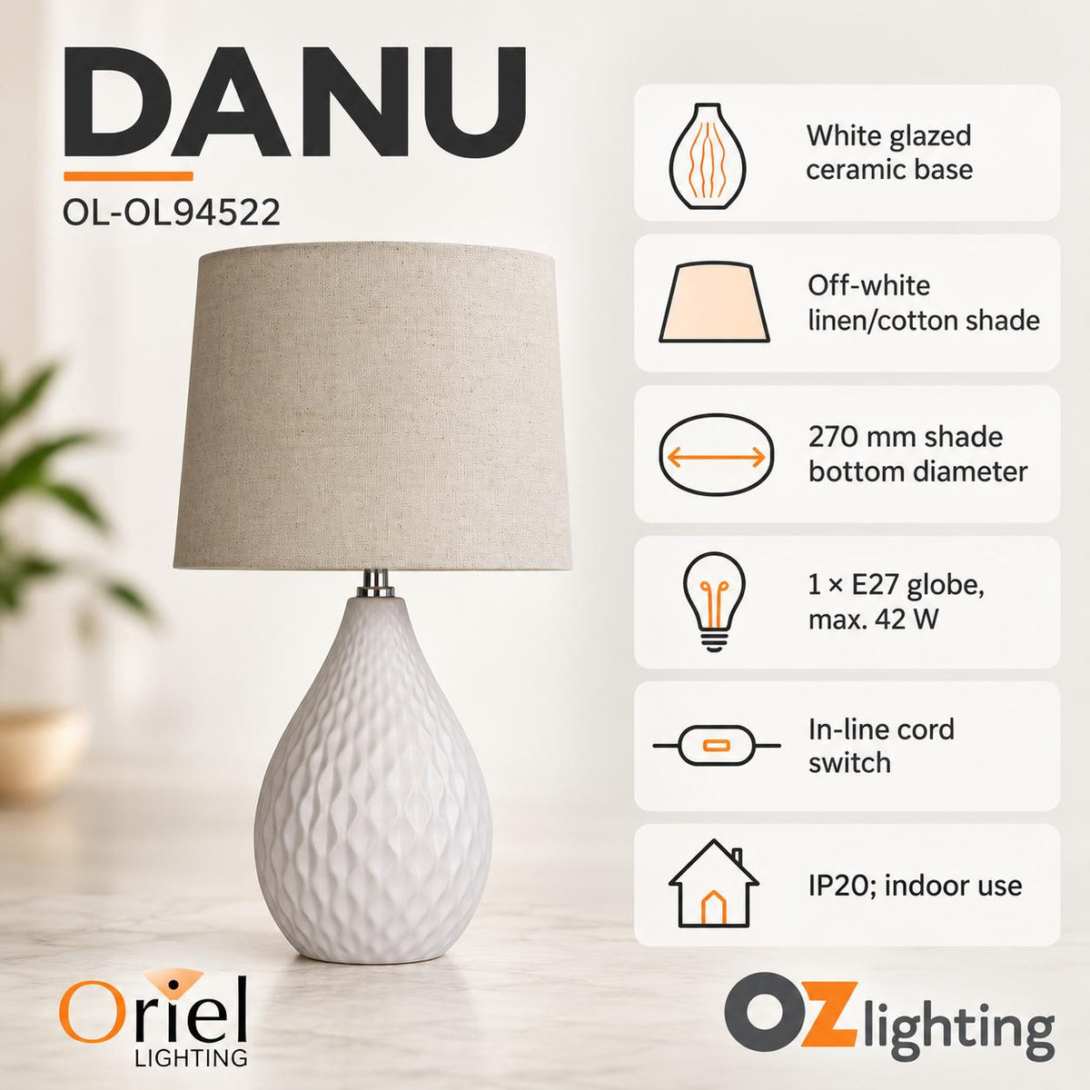Oriel DANU Table Lamp - Ceramic, with Shade-Oriel Lighting-Ozlighting.com.au
