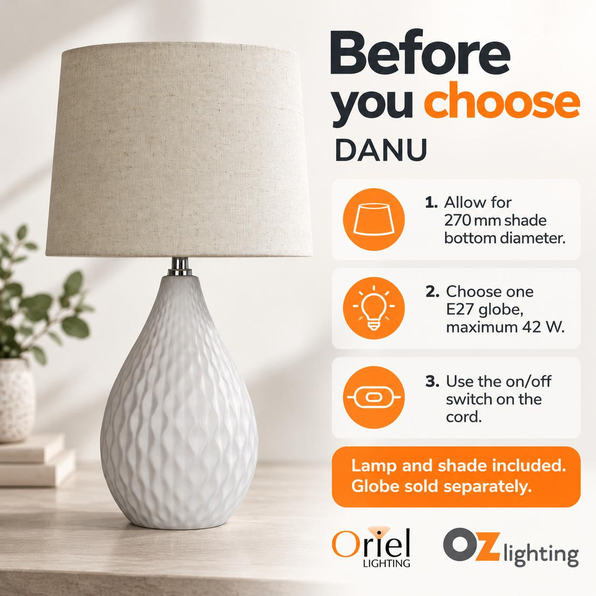 Oriel DANU Table Lamp - Ceramic, with Shade-Oriel Lighting-Ozlighting.com.au