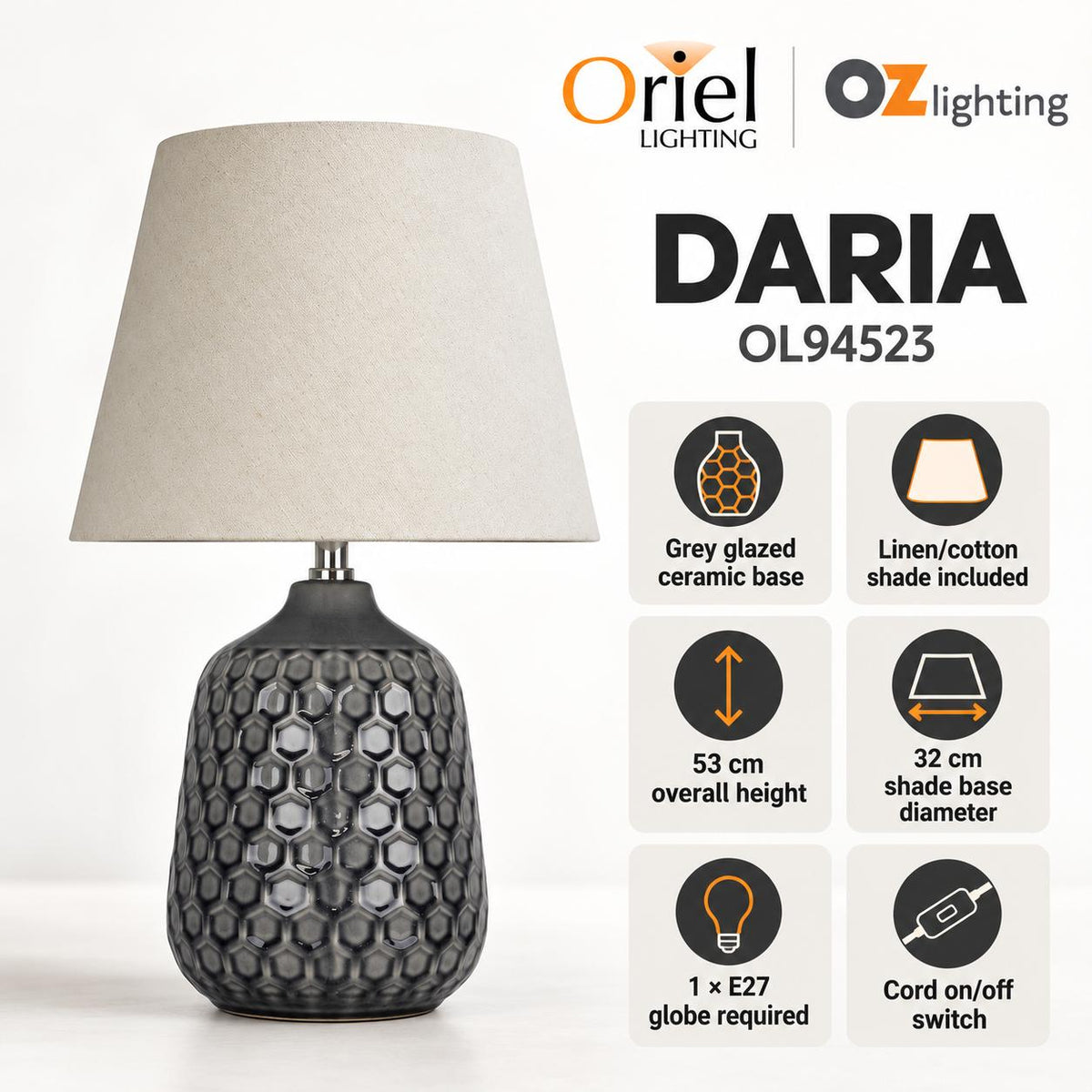Oriel DARIA Table Lamp - Ceramic, with Shade-Oriel Lighting-Ozlighting.com.au