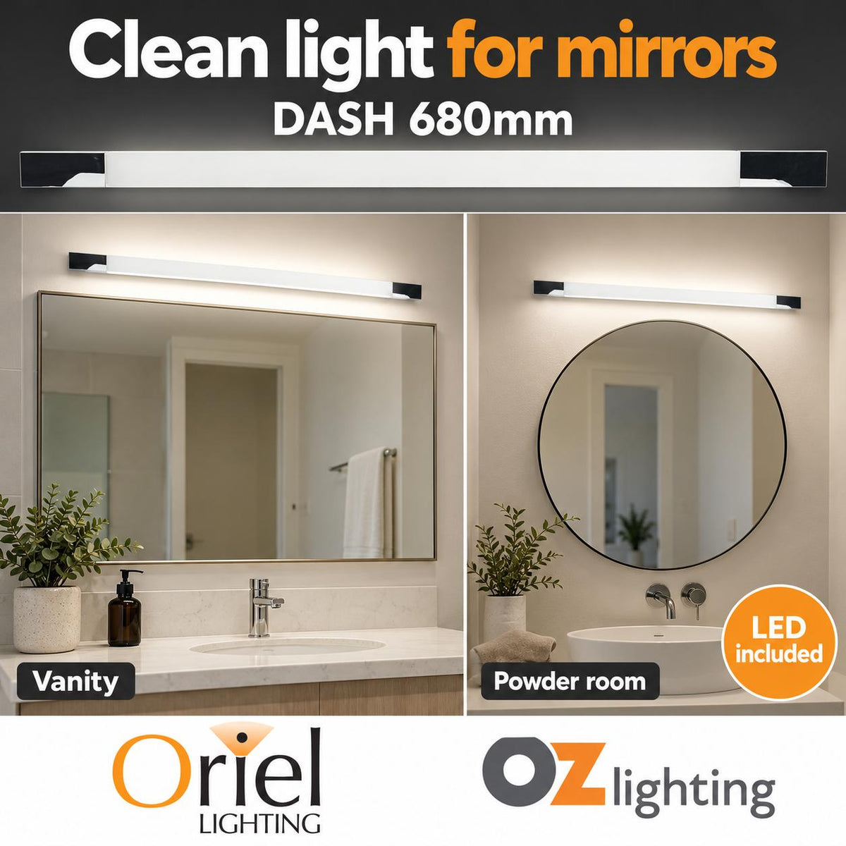 Oriel DASH LED Vanity/Picture Light - 10W/14W, 4000K, Chrome-Oriel Lighting-Ozlighting.com.au