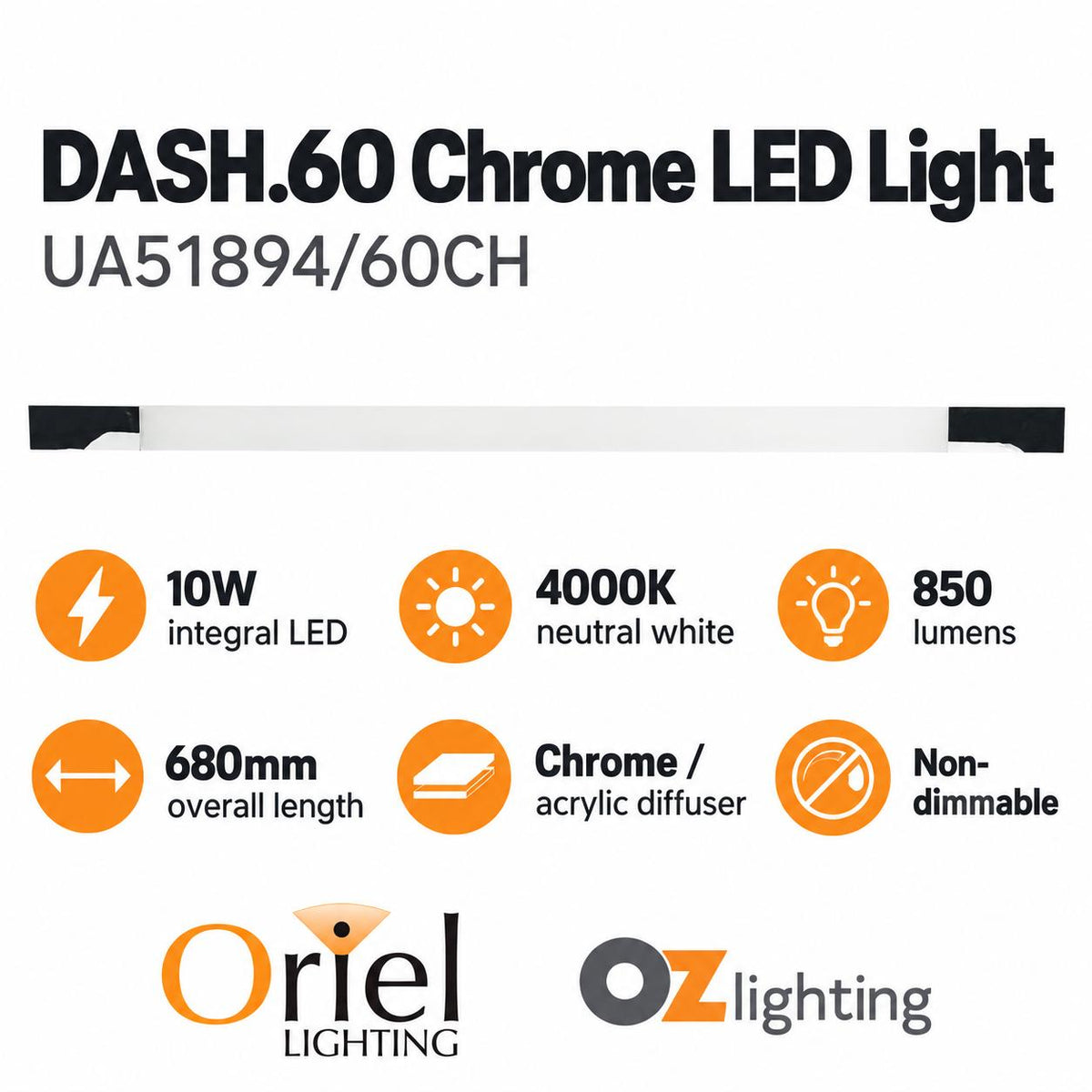 Oriel DASH LED Vanity/Picture Light - 10W/14W, 4000K, Chrome-Oriel Lighting-Ozlighting.com.au
