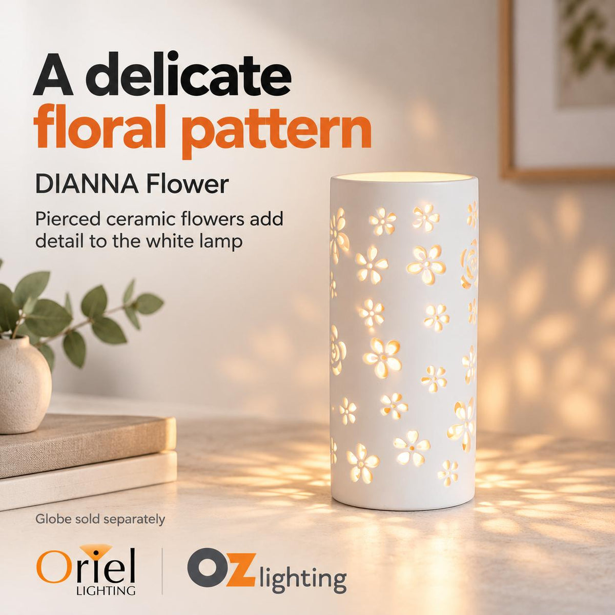 Oriel DIANNA Lamp - 25W, Ceramic, with Floral Or Astral Pattern-Oriel Lighting-Ozlighting.com.au