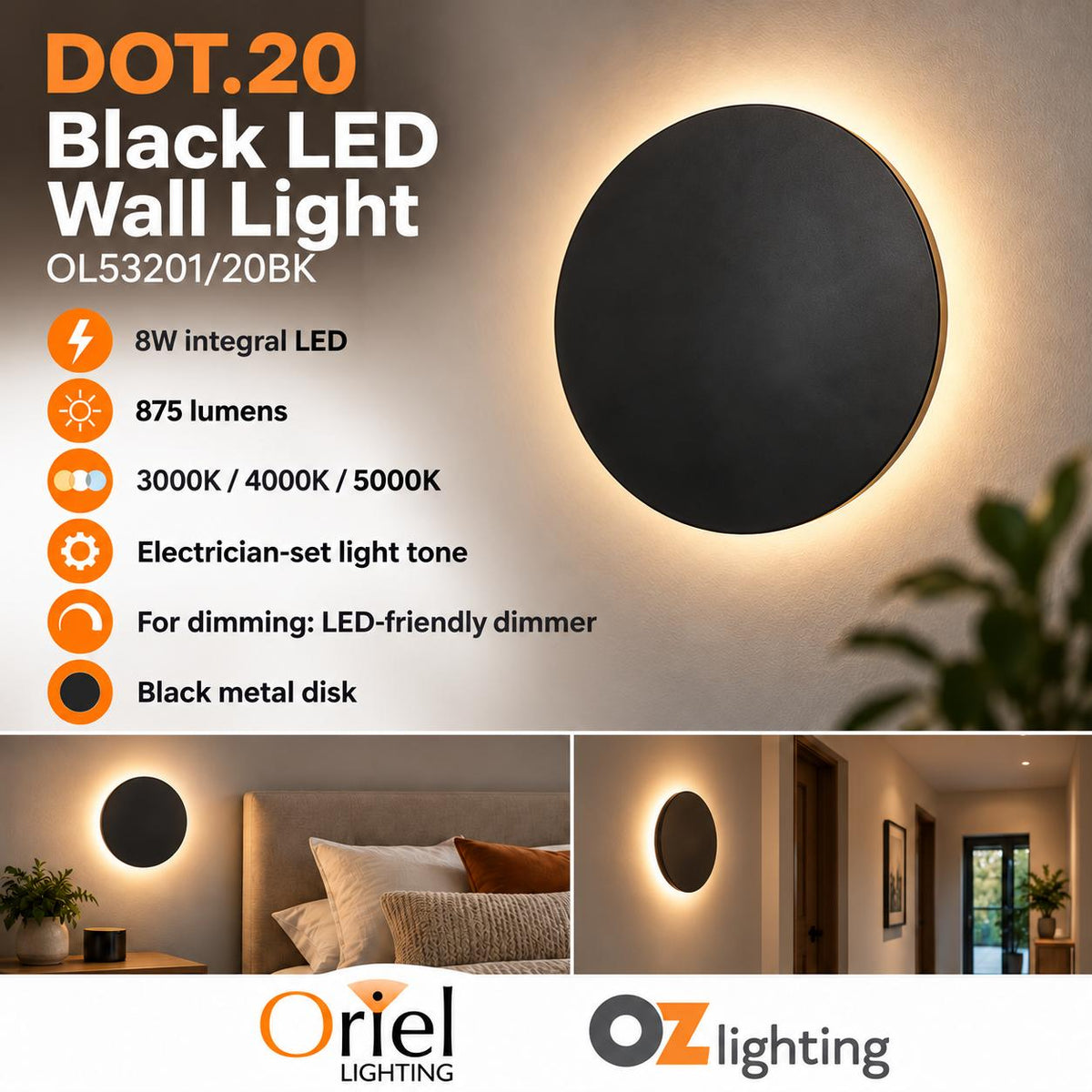 Oriel DOT.20 LED Wall Light - Tri-Colour-Oriel Lighting-Ozlighting.com.au