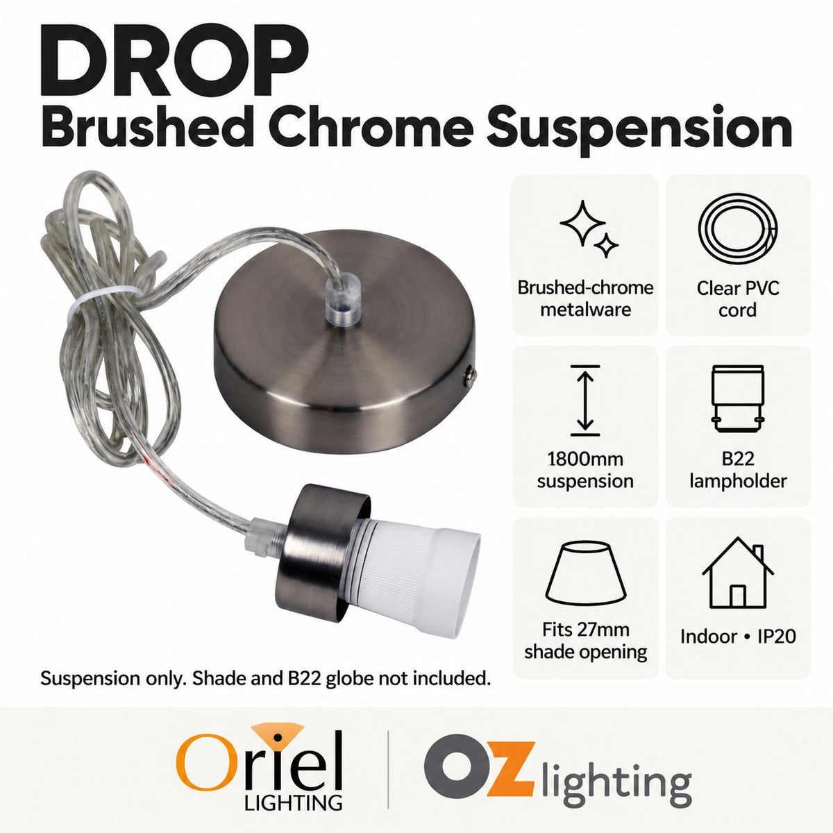 Oriel DROP Pendant - 1 Light Single Cord Suspension Cable-Oriel Lighting-Ozlighting.com.au